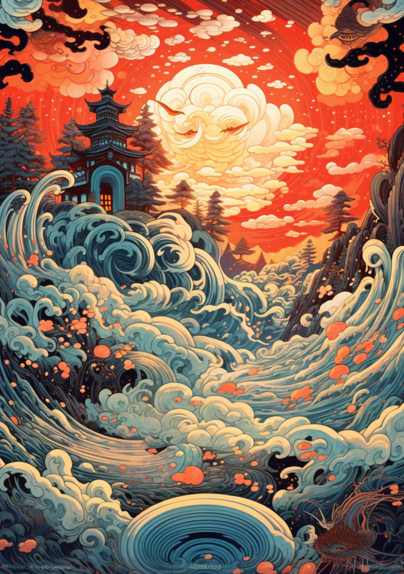 红日下楼阁和传统国潮符号祥云背景,插画/手绘图,插画/手绘图库,插画/手绘图下载,插画/手绘